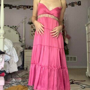NWT Nordstrom Y2K Silk Dress Evening Pink Gold Empire Waist Sequin Prom Maxi